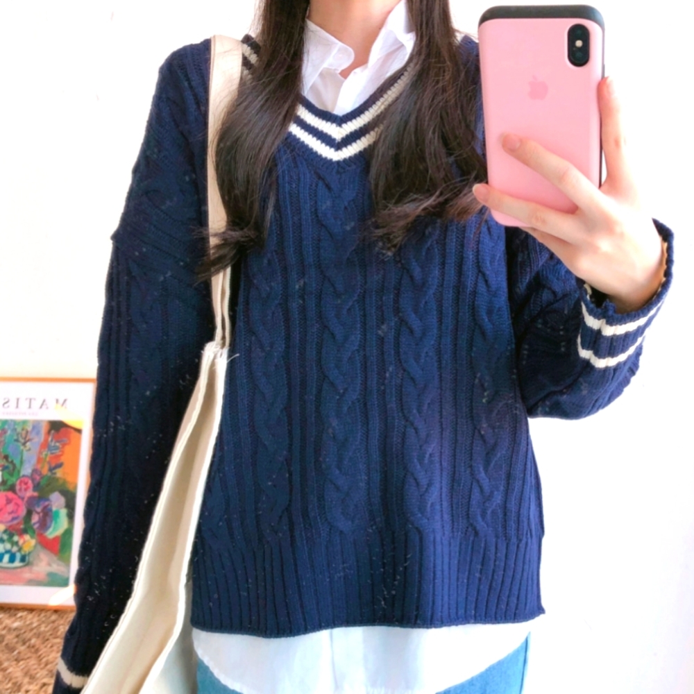 White Stripe Navy Sweater